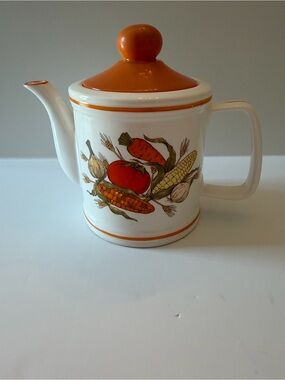 Vintage White Vegetable Harvest Coffee Tea Pot with Orange Lid - Cottage Core